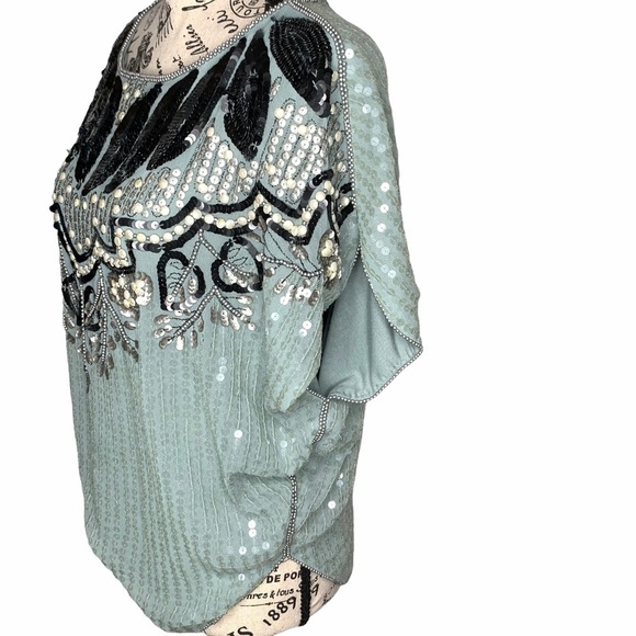 VTG Top Shop Flapper Great Gatsby Teal Blue Beaded Sequin Short Sleeve Tunic 2 - Picture 5 of 16